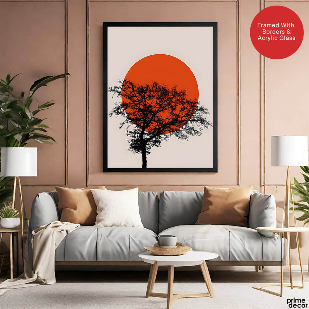 Beautiful Black Tree Over Red Sun With Beige Background  | Abstract Floral Artwork #00226 - Prime Décor