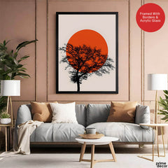 Beautiful Black Tree Over Red Sun With Beige Background  | Abstract Floral Artwork #00226 - Prime Décor