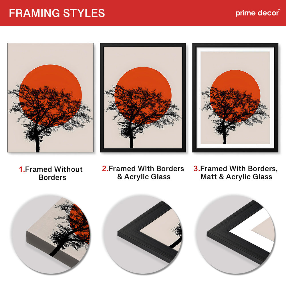 Beautiful Black Tree Over Red Sun With Beige Background  | Abstract Floral Artwork #00226 - Prime Décor