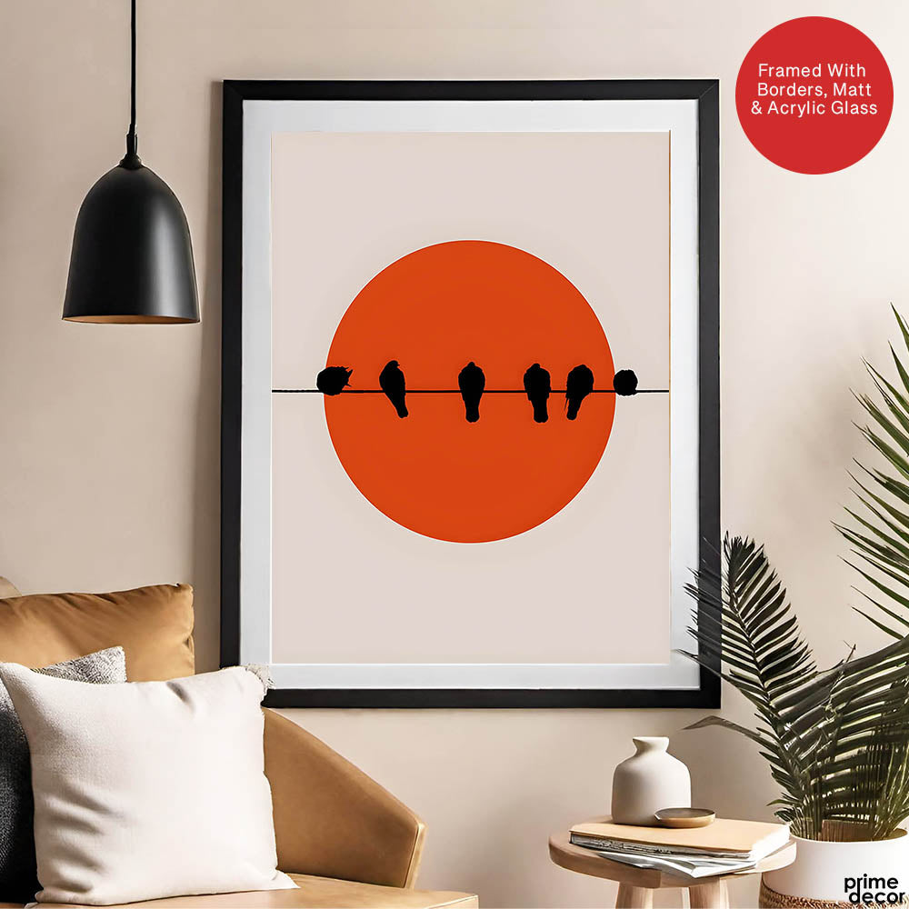 Beautiful Black Birds Over Red Sun With Beige Background  | Abstract Nature Artwork #00227 - Prime Décor