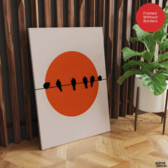 Beautiful Black Birds Over Red Sun With Beige Background  | Abstract Nature Artwork #00227 - Prime Décor