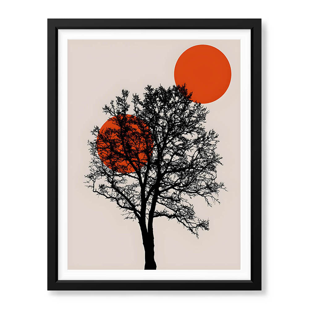 Beautiful Black Tree Over Red Sun With Beige Background  | Abstract Nature Artwork #00228 - Prime Décor