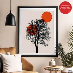 Beautiful Black Tree Over Red Sun With Beige Background  | Abstract Nature Artwork #00228 - Prime Décor