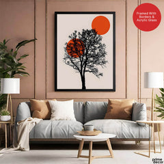 Beautiful Black Tree Over Red Sun With Beige Background  | Abstract Nature Artwork #00228 - Prime Décor