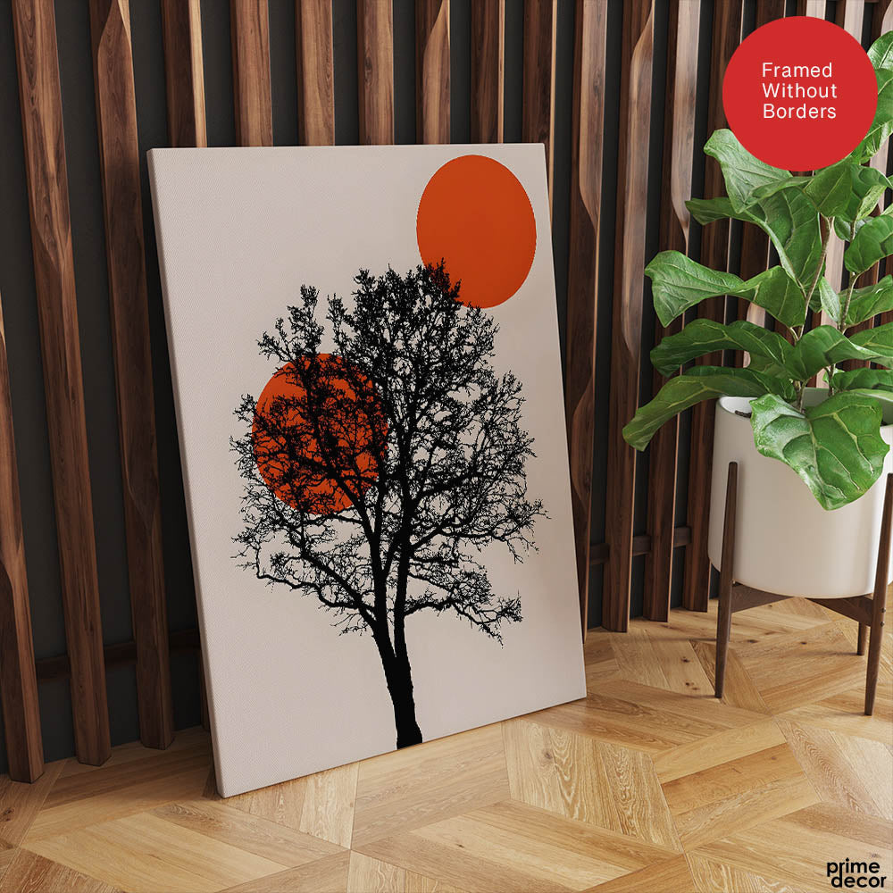 Beautiful Black Tree Over Red Sun With Beige Background  | Abstract Nature Artwork #00228 - Prime Décor