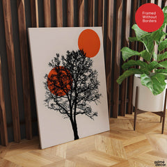 Beautiful Black Tree Over Red Sun With Beige Background  | Abstract Nature Artwork #00228 - Prime Décor
