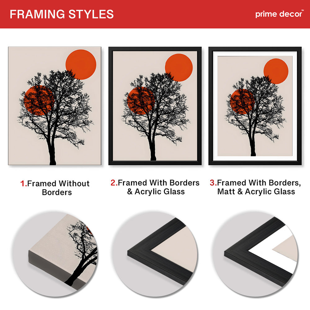 Beautiful Black Tree Over Red Sun With Beige Background  | Abstract Nature Artwork #00228 - Prime Décor