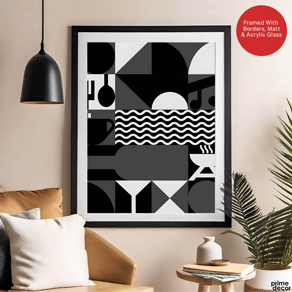 Black & White Abstract Design Over Beige Background  | Abstract Office Artwork #00229 - Prime Décor