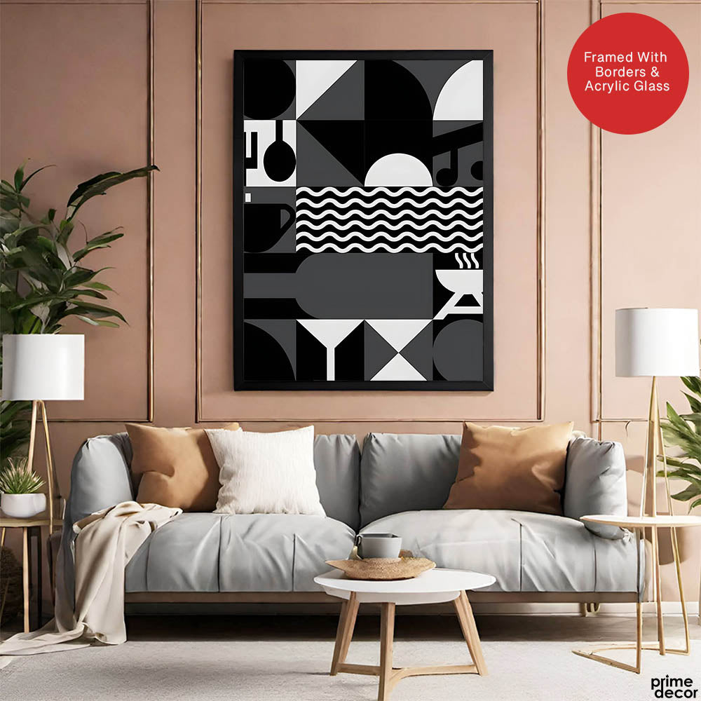 Black & White Abstract Design Over Beige Background  | Abstract Office Artwork #00229 - Prime Décor