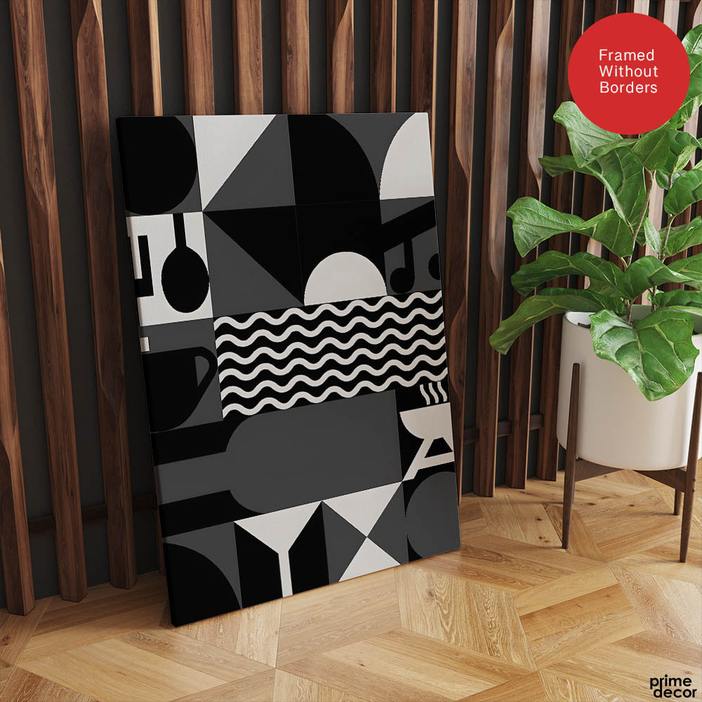 Black & White Abstract Design Over Beige Background  | Abstract Office Artwork #00229 - Prime Décor