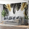 Black & Golden Tropical Leaves with Marble Background | Floral Wallpaper Mural