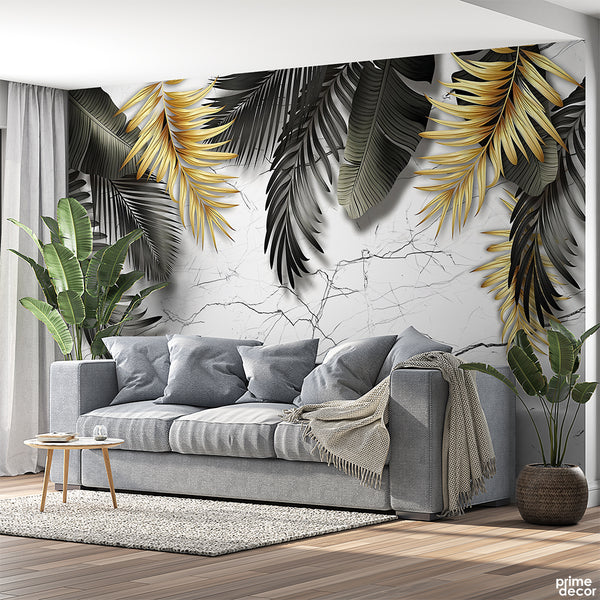 Black & Golden Tropical Leaves with Marble Background | Floral Wallpaper Mural