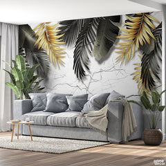 Black & Golden Tropical Leaves with Marble Background | Floral Wallpaper Mural