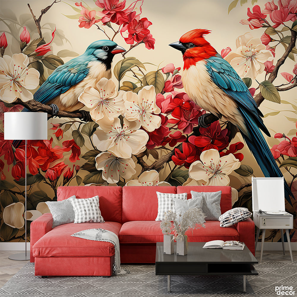 Sparrow & Cardinal Bird On Floral Branches | Floral Wallpaper Mural - Prime Décor