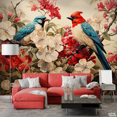 Sparrow & Cardinal Bird On Floral Branches | Floral Wallpaper Mural - Prime Décor