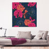 Abstract Red & Orange Flowers Over Blue Background (Single Panel) Floral Wall Art