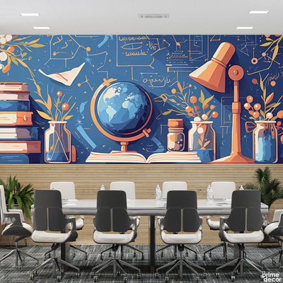 Abstract Blue & Gold Artwork With World Map Globe | Office Wallpaper Mural