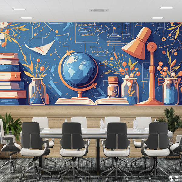 Abstract Blue & Gold Artwork With World Map Globe | Office Wallpaper Mural