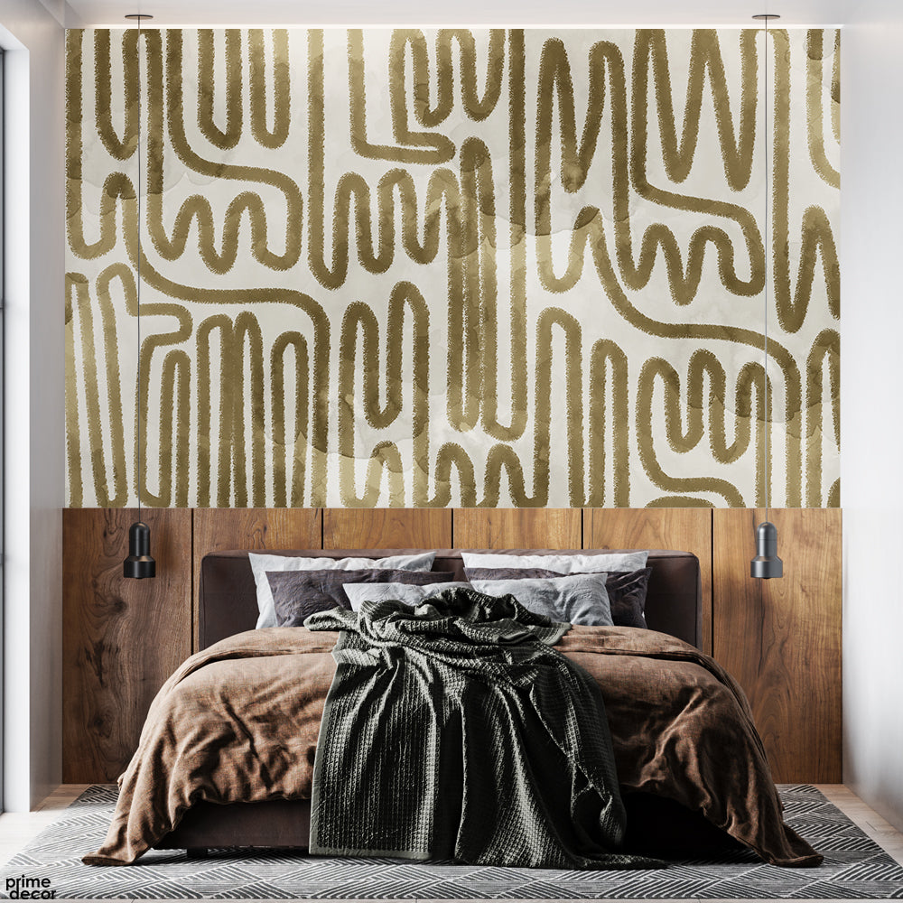Abstract Black Golden Wavy Textured Lines With White Background | Abstract Wallpaper Mural