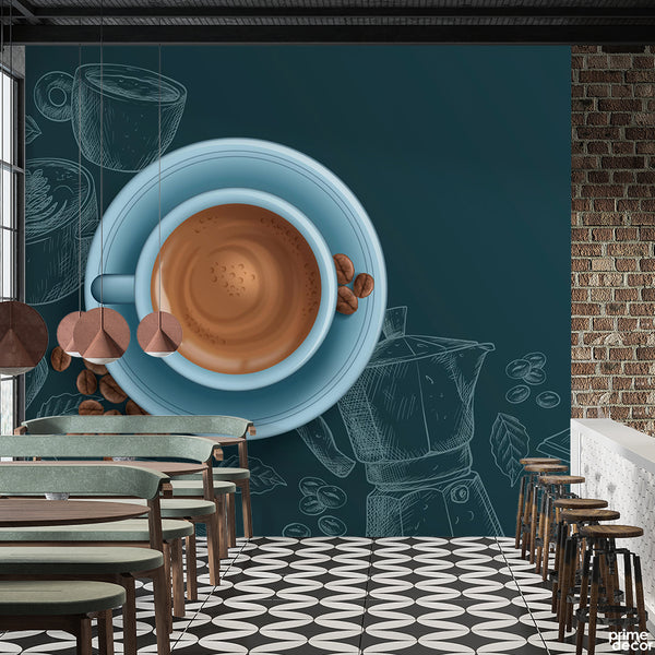 Beautiful Coffee Cup Artwork Over Green Background | Cafe Wallpaper Mural