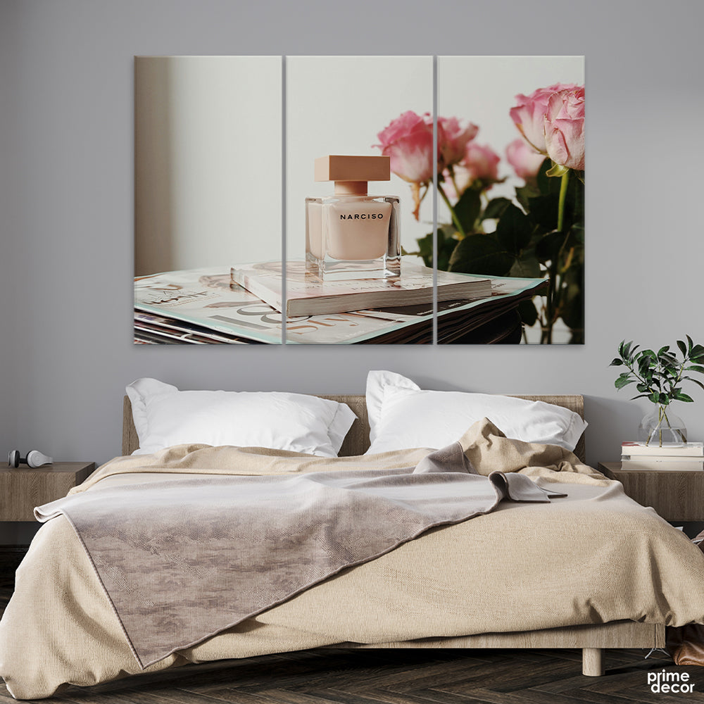 Narciso Bottle Over The Magazine (3 Panel) Fashion Wall Art - Prime Décor