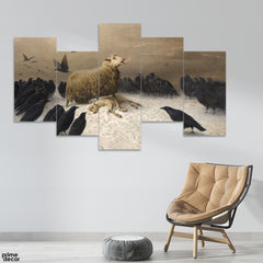 Dark Gothic Sheep Surrounded By Crows (5 Panel) Nature Wall Art - Prime Décor