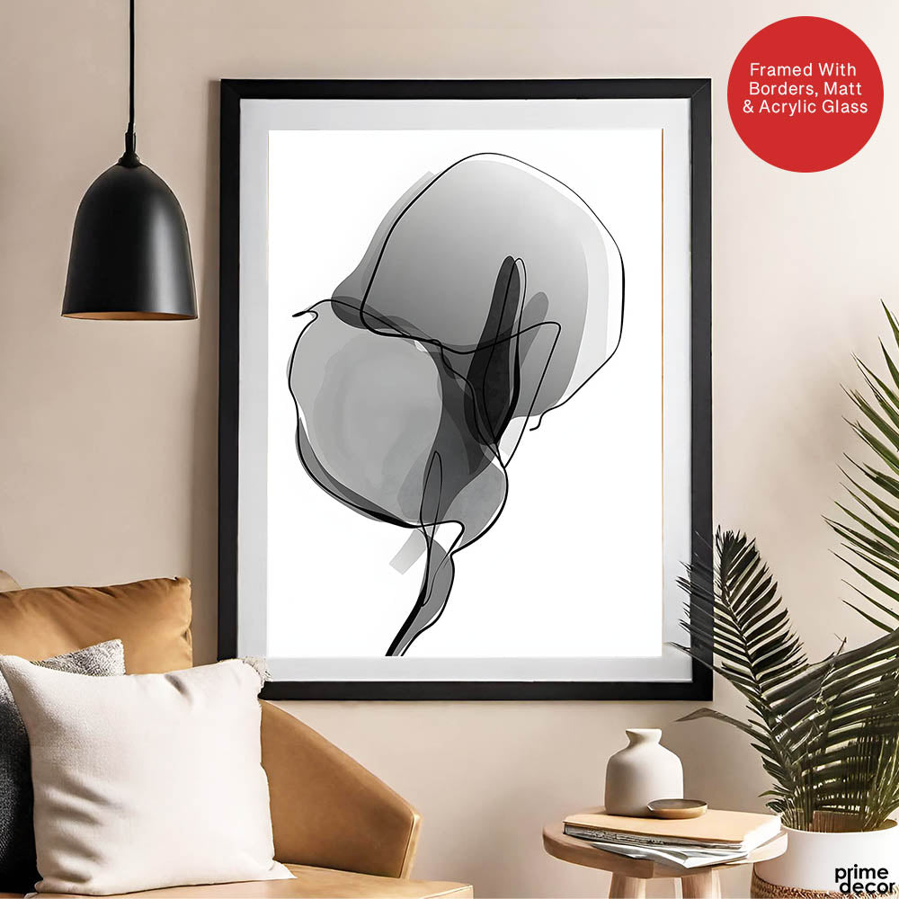 Black & White Floral Oil Paint Art Over White Background | Abstract Floral Artwork #00233 - Prime Décor
