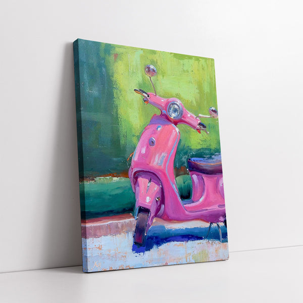 Pretty Pink Scooter on a Sunny Street (Single Panel) Digital Painting Wall Art