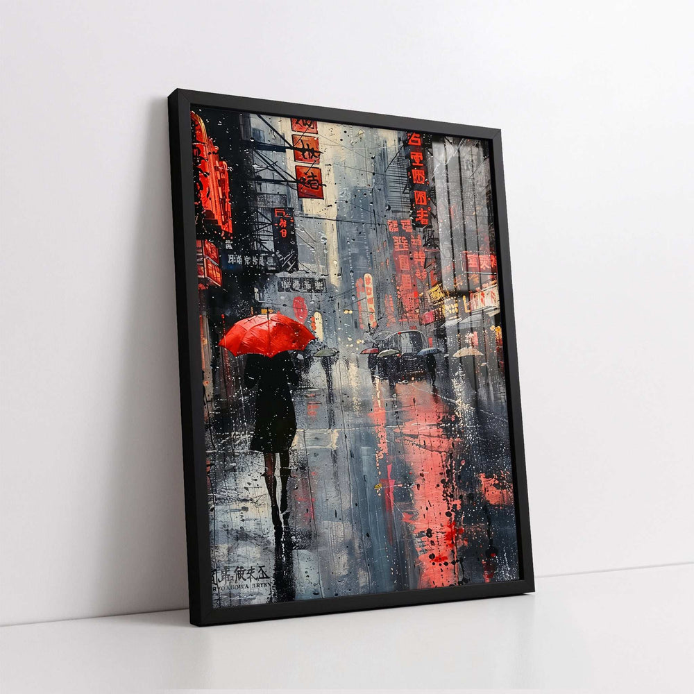Red Umbrella in Rainy Tokyo (Single Panel) Digital Painting Wall Art