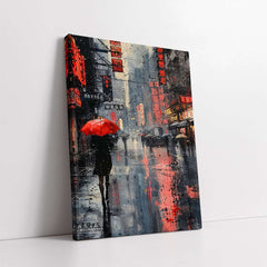 Red Umbrella in Rainy Tokyo (Single Panel) Digital Painting Wall Art
