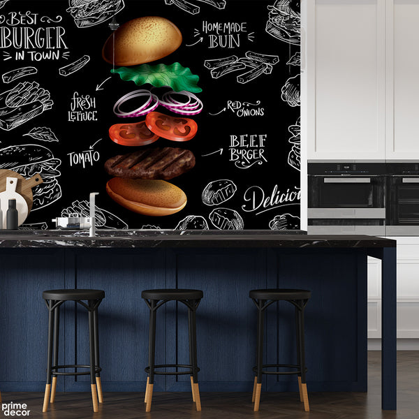 Best Burger In The Town Typography With Burger Artwork | Restaurant Wallpaper Mural