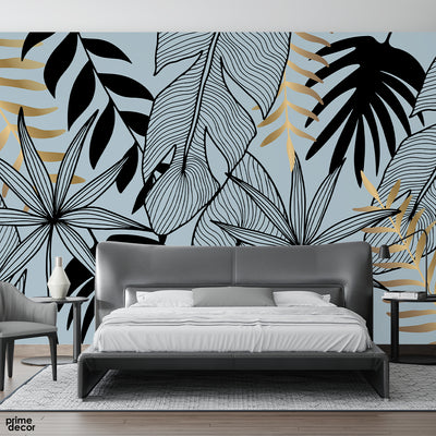 Beautiful Black & Gold Leaves Line Artwork | Floral Wallpaper Mural