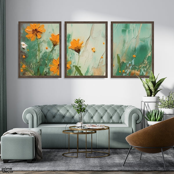 Beautiful Abstract Flower Over Green Background (3 Panel) Floral Wall Art
