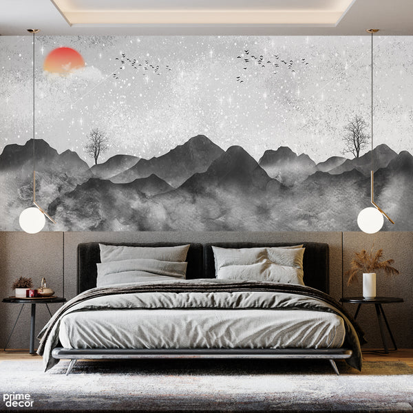 Beautiful Black Mountains Artwork With Orange Moon | Nature Wallpaper Mural
