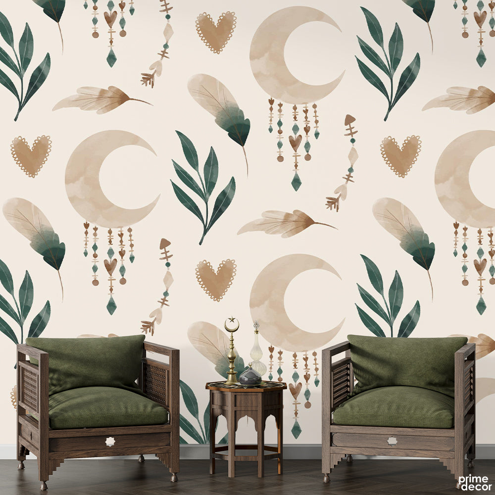 Gold & Green Exotic Tropical Leaves With Moon | Floral Wallpaper Mural - Prime Décor