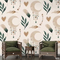 Gold & Green Exotic Tropical Leaves With Moon | Floral Wallpaper Mural - Prime Décor