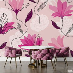 Purplish Rose & Mongolian Flowers Line Art Style | Floral Wallpaper Mural - Prime Décor