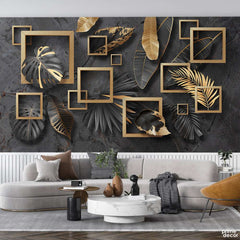 Beautiful Black & Gold Leaves With Geometric Shapes | Floral Wallpaper Mural