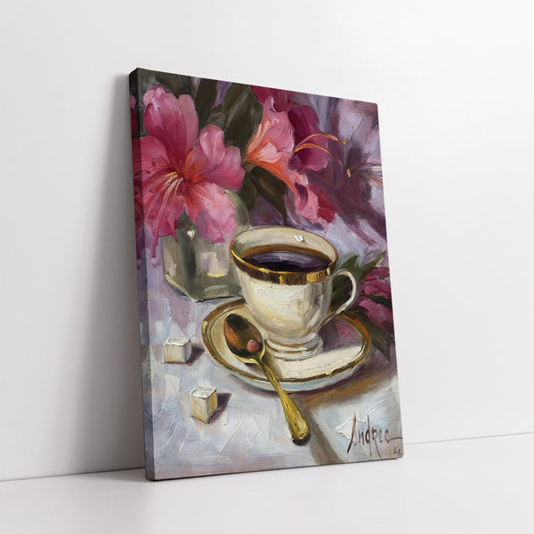 Still Life with Coffee and Lilies (Single Panel) Digital Painting Wall Art