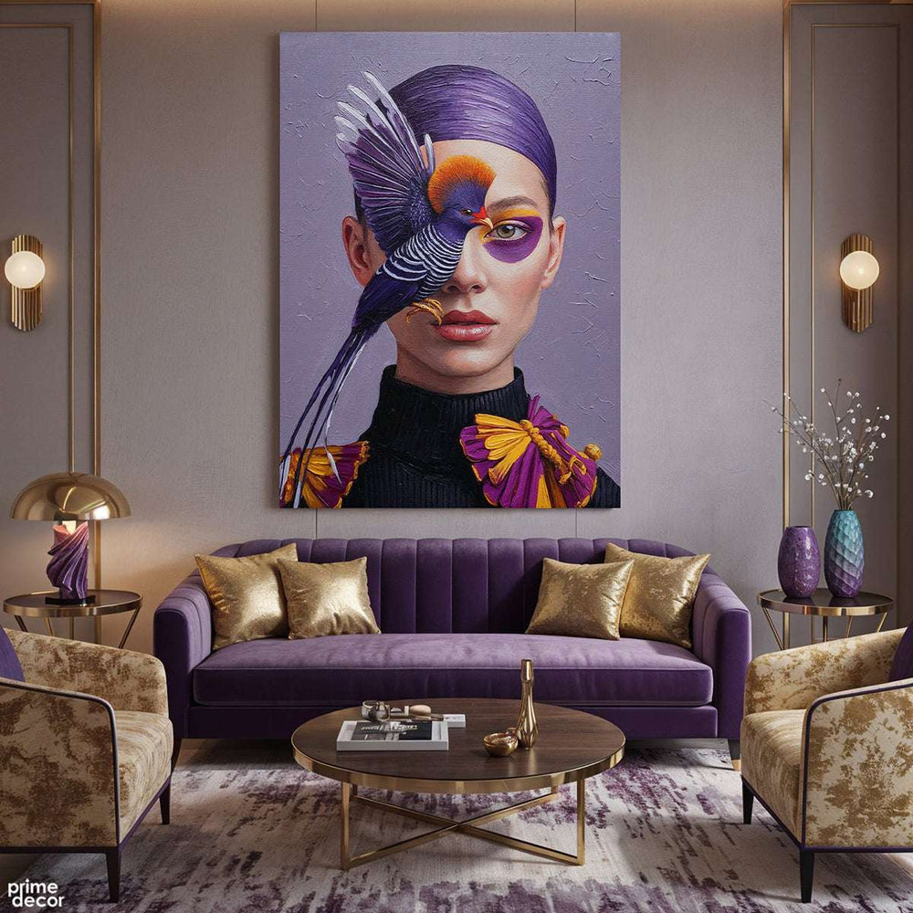 Woman with a Purple Bird Knife Work Style (Single Panel) Digital Painting Wall Art