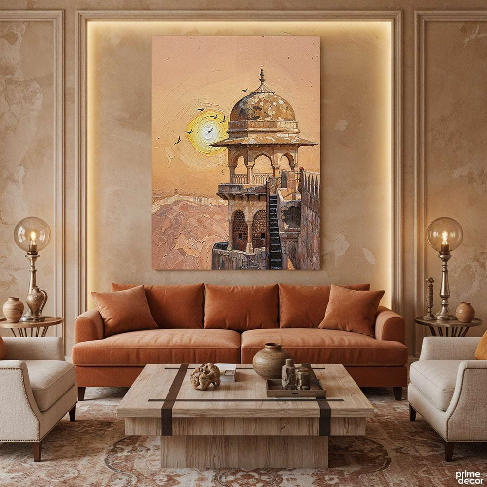 Ancient Mosque Minarate At Sunset Knife Work (Single Panel) Digital Painting Wall Art