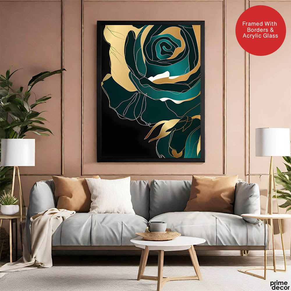 Gold & Green Floral Art Over Black Background | Abstract Floral Artwork #00245 - Prime Décor