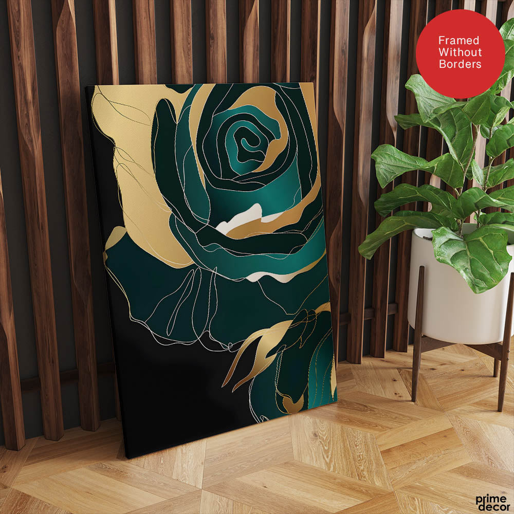Gold & Green Floral Art Over Black Background | Abstract Floral Artwork #00245 - Prime Décor