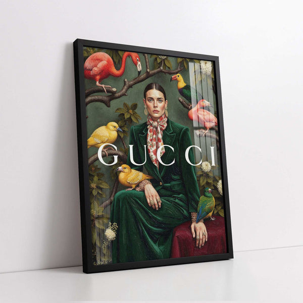 Woman with Exotic Birds & Gucci Suit (Single Panel) Digital Painting Wall Art
