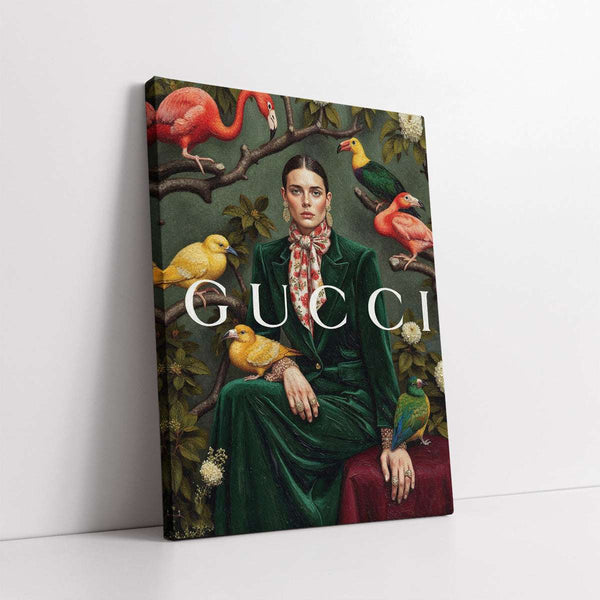 Woman with Exotic Birds & Gucci Suit (Single Panel) Digital Painting Wall Art