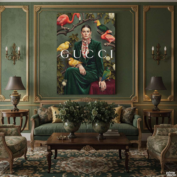 Woman with Exotic Birds & Gucci Suit (Single Panel) Digital Painting Wall Art