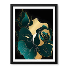 Gold & Green Floral Art Over Black Background | Abstract Floral Artwork #00246 - Prime Décor