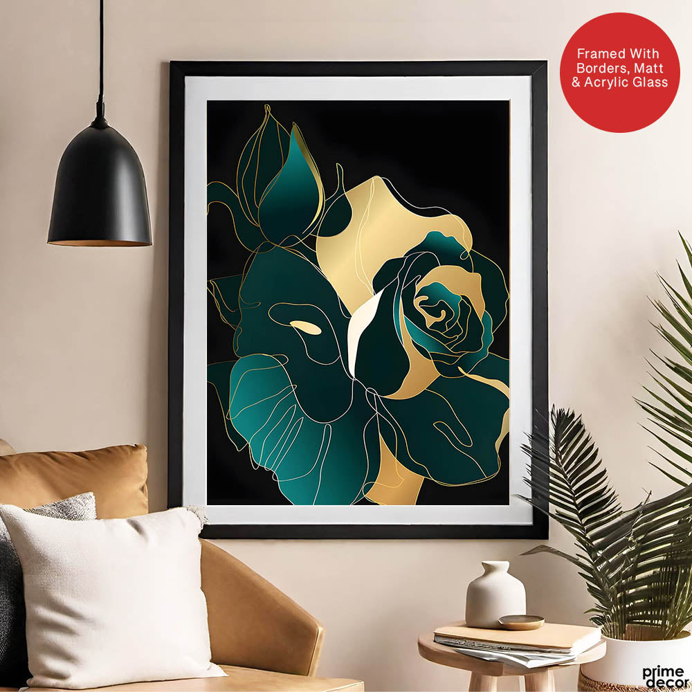 Gold & Green Floral Art Over Black Background | Abstract Floral Artwork #00246 - Prime Décor