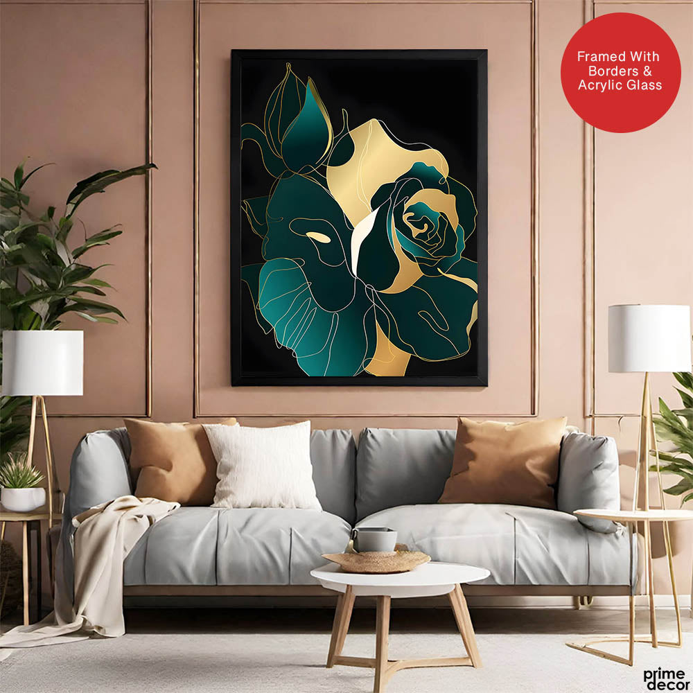 Gold & Green Floral Art Over Black Background | Abstract Floral Artwork #00246 - Prime Décor