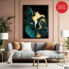 Gold & Green Floral Art Over Black Background | Abstract Floral Artwork #00246 - Prime Décor